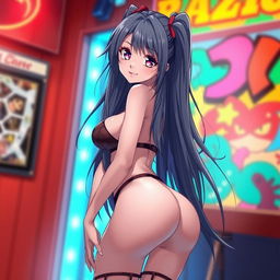 A sexy anime girl with an alluring expression, showcasing her curves and confidence