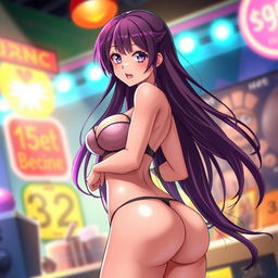 A sexy anime girl with an alluring expression, showcasing her curves and confidence