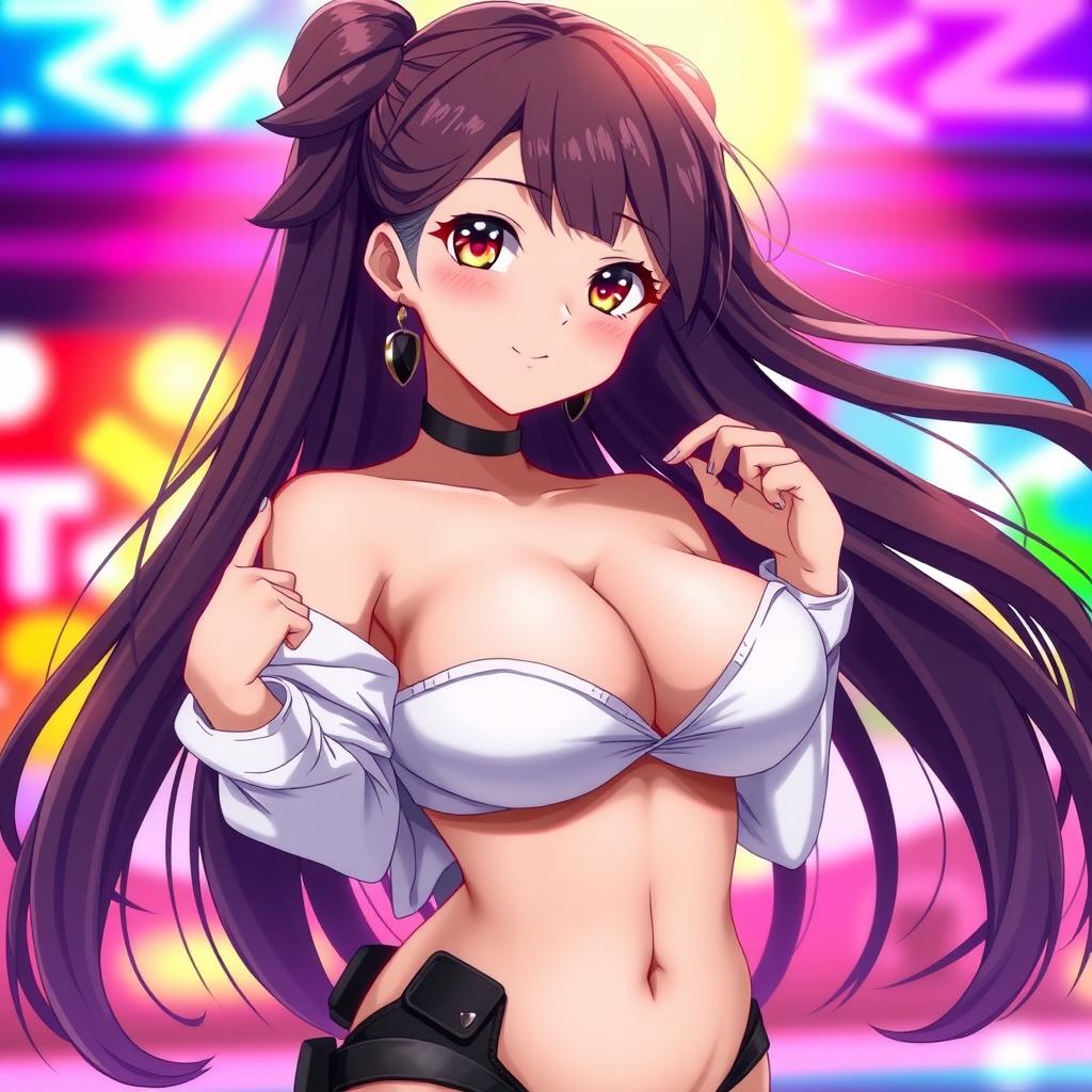 A sexy anime girl with an alluring expression, showcasing her curves and confidence