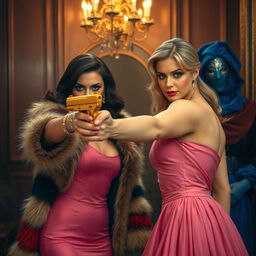 A scene featuring a beautiful woman wearing a pink dress, confidently pointing a golden gun towards another stunning lady dressed in a fur coat with colors beige, red, and black