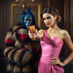 A scene featuring a beautiful woman wearing a pink dress, confidently pointing a golden gun towards another stunning lady dressed in a fur coat with colors beige, red, and black