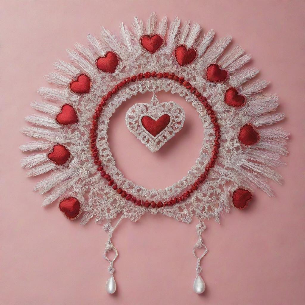 Design an intricate headdress embodying the theme of Holy Week and Valentine's Day. Combine sacred symbols with heart-shaped elements in a tasteful and harmonious way.