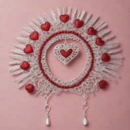 Design an intricate headdress embodying the theme of Holy Week and Valentine's Day. Combine sacred symbols with heart-shaped elements in a tasteful and harmonious way.