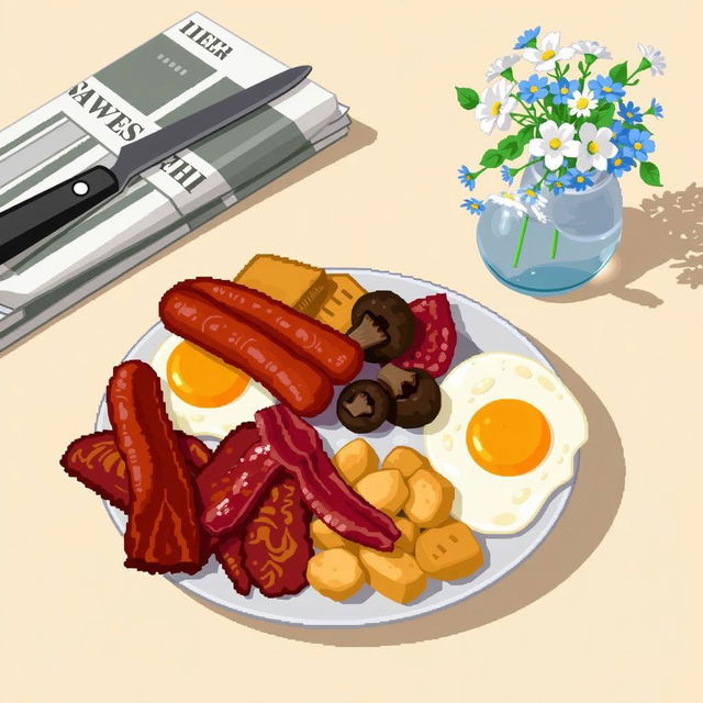 A pixel art illustration of a classic English breakfast laid out on a plate