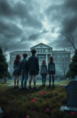 A horror novel cover depicting a high school situated above a graveyard