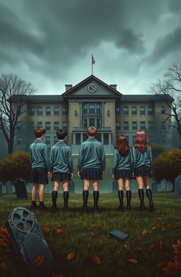 A horror novel cover depicting a high school situated above a graveyard