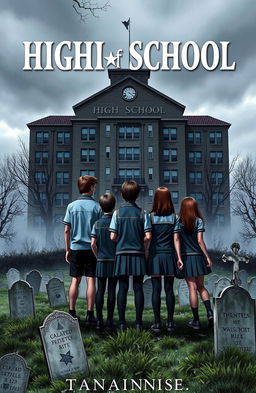 A horror novel cover depicting a high school situated above a graveyard