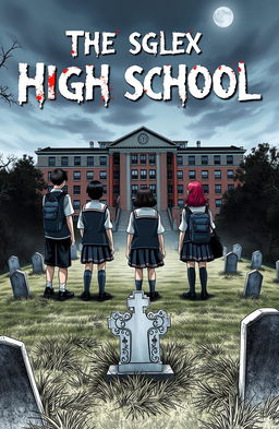 A horror novel cover depicting a high school situated above a graveyard