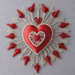 Design an intricate headdress embodying the theme of Holy Week and Valentine's Day. Combine sacred symbols with heart-shaped elements in a tasteful and harmonious way.