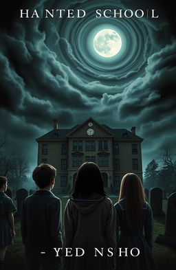 A dark and atmospheric cover for a horror novel set in a school built atop a graveyard