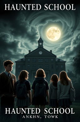 A dark and atmospheric cover for a horror novel set in a school built atop a graveyard