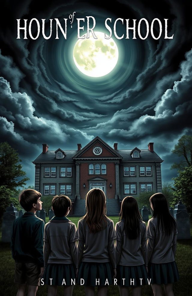 A dark and atmospheric cover for a horror novel set in a school built atop a graveyard