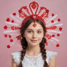 Design an intricate headdress embodying the theme of Holy Week and Valentine's Day. Combine sacred symbols with heart-shaped elements in a tasteful and harmonious way.