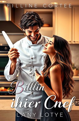 A romance novel cover featuring a suave, charismatic billionaire chef with tousled dark hair and a confident smile, holding a chef's knife in one hand, adorned in a stylish chef coat