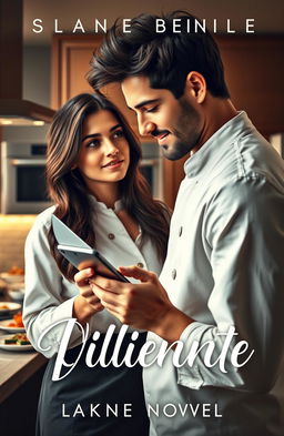 A romance novel cover featuring a suave, charismatic billionaire chef with tousled dark hair and a confident smile, holding a chef's knife in one hand, adorned in a stylish chef coat