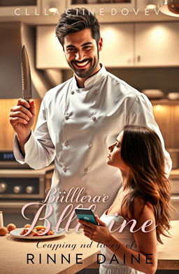 A romance novel cover featuring a suave, charismatic billionaire chef with tousled dark hair and a confident smile, holding a chef's knife in one hand, adorned in a stylish chef coat