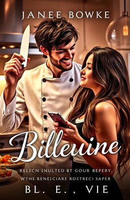 A romance novel cover featuring a suave, charismatic billionaire chef with tousled dark hair and a confident smile, holding a chef's knife in one hand, adorned in a stylish chef coat