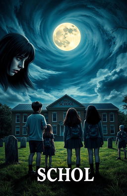 A horror novel cover depicting a high school built on a graveyard, featuring five high school students: two boys and three girls, all facing towards the school building