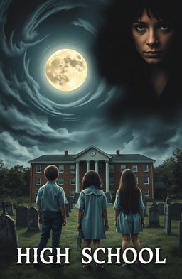 A horror novel cover depicting a high school built on a graveyard, featuring five high school students: two boys and three girls, all facing towards the school building