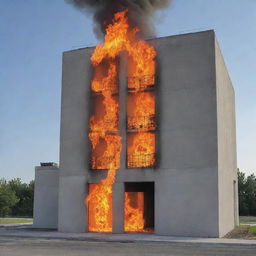 A graphical representation showcasing a network of thermal sensors affixed to a concrete building that's engulfed in flames, indicating the varying temperatures across different parts of the structure.