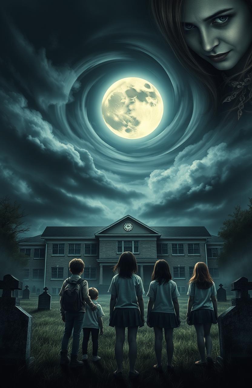 A horror novel cover depicting a high school built on a graveyard, featuring five high school students: two boys and three girls, all facing towards the school building