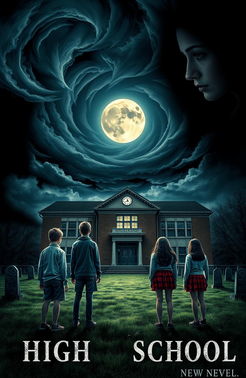 A horror novel cover depicting a high school built on a graveyard, featuring five high school students: two boys and three girls, all facing towards the school building