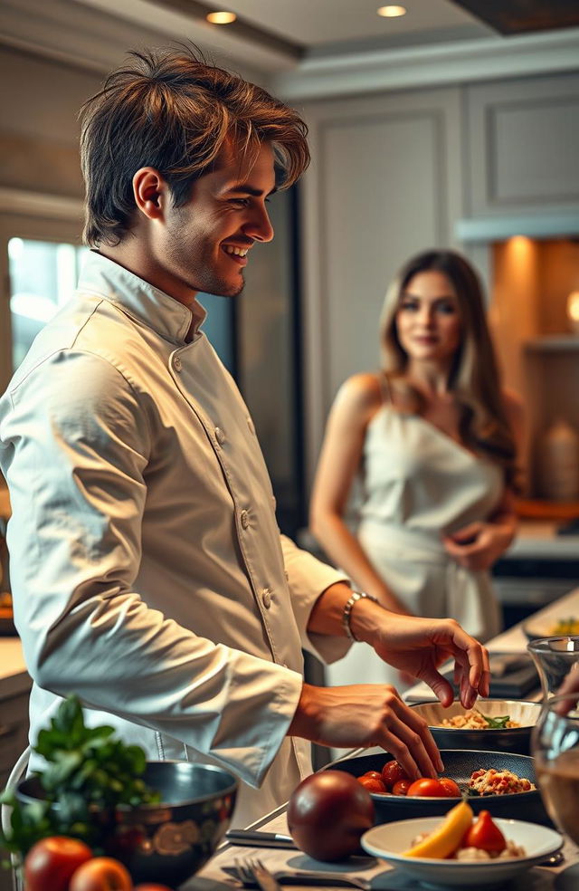 A romantic and luxurious scene depicting a charming and handsome billionaire chef in a stylish kitchen, preparing gourmet dishes