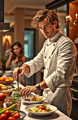 A romantic and luxurious scene depicting a charming and handsome billionaire chef in a stylish kitchen, preparing gourmet dishes