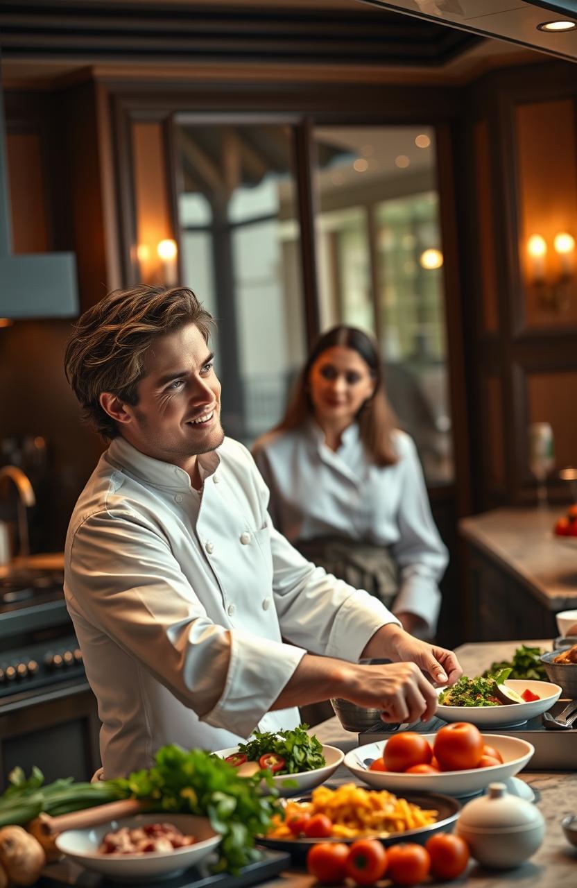 A romantic and luxurious scene depicting a charming and handsome billionaire chef in a stylish kitchen, preparing gourmet dishes