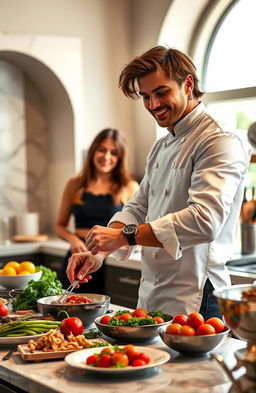 A romantic and luxurious scene depicting a charming and handsome billionaire chef in a stylish kitchen, preparing gourmet dishes