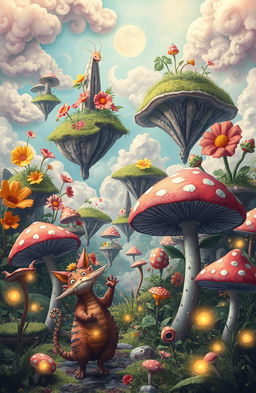 A surreal and whimsical landscape featuring unexpected elements, such as floating islands with lush greenery, giant colorful flowers in unusual patterns, and a bright, whimsical sky filled with vibrant, swirling clouds