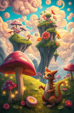 A surreal and whimsical landscape featuring unexpected elements, such as floating islands with lush greenery, giant colorful flowers in unusual patterns, and a bright, whimsical sky filled with vibrant, swirling clouds