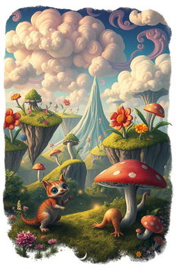 A surreal and whimsical landscape featuring unexpected elements, such as floating islands with lush greenery, giant colorful flowers in unusual patterns, and a bright, whimsical sky filled with vibrant, swirling clouds