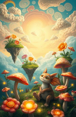 A surreal and whimsical landscape featuring unexpected elements, such as floating islands with lush greenery, giant colorful flowers in unusual patterns, and a bright, whimsical sky filled with vibrant, swirling clouds