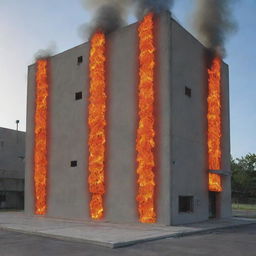 A graphical representation showcasing a network of thermal sensors affixed to a concrete building that's engulfed in flames, indicating the varying temperatures across different parts of the structure.