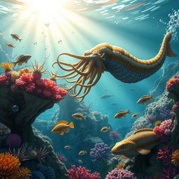 A vivid depiction of a Paleozoic ocean scene featuring various prehistoric marine creatures such as giant cephalopods, armored fish, and other ancient sea life