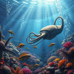 A vivid depiction of a Paleozoic ocean scene featuring various prehistoric marine creatures such as giant cephalopods, armored fish, and other ancient sea life