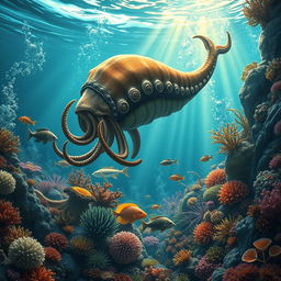 A vivid depiction of a Paleozoic ocean scene featuring various prehistoric marine creatures such as giant cephalopods, armored fish, and other ancient sea life