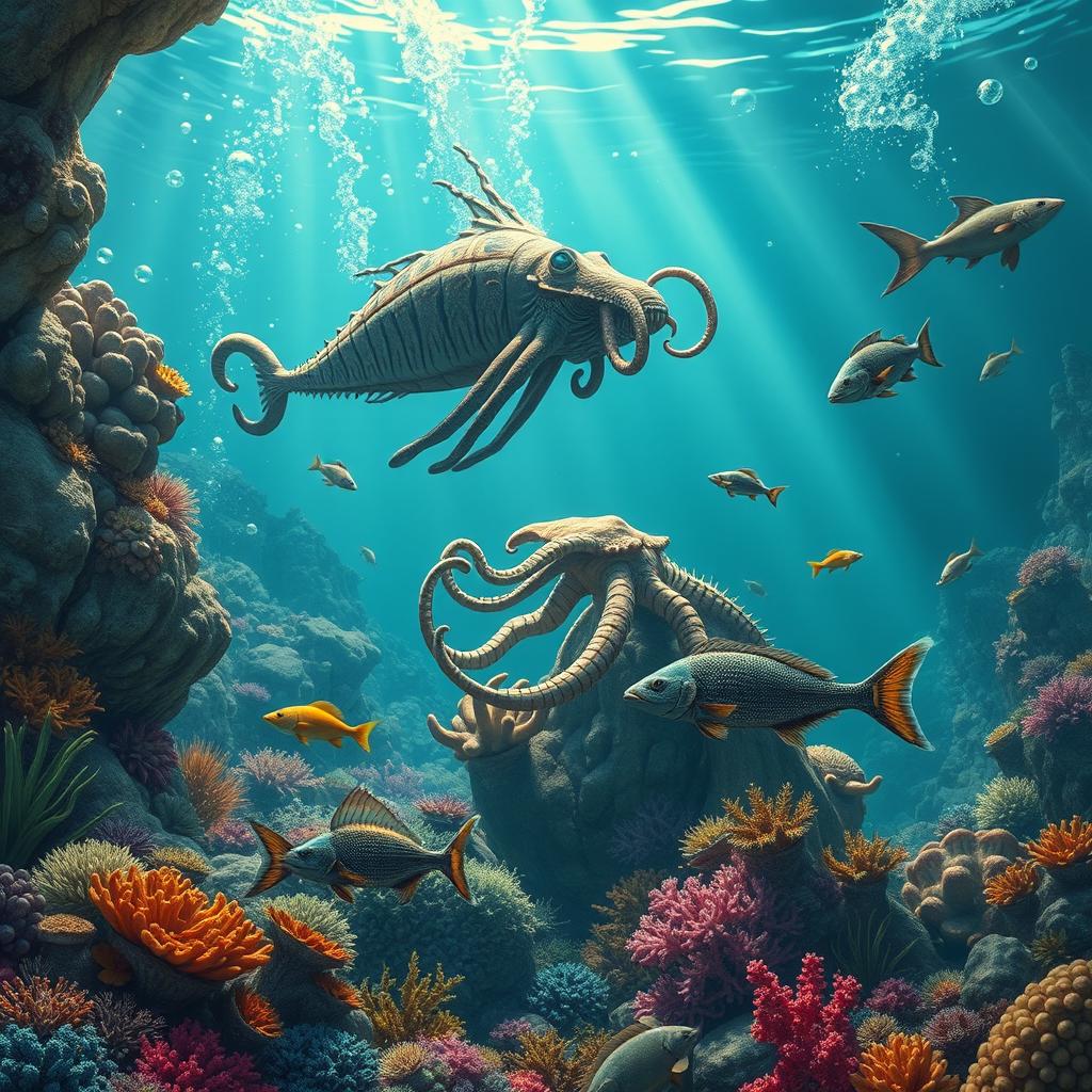 A vivid depiction of a Paleozoic ocean scene featuring various prehistoric marine creatures such as giant cephalopods, armored fish, and other ancient sea life