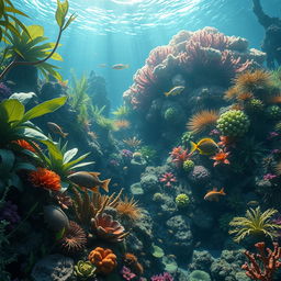 An immersive scene depicting a Paleozoic ocean jungle, showcasing a lush underwater landscape filled with diverse marine plants such as large seaweeds and vibrant corals