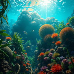 An immersive scene depicting a Paleozoic ocean jungle, showcasing a lush underwater landscape filled with diverse marine plants such as large seaweeds and vibrant corals