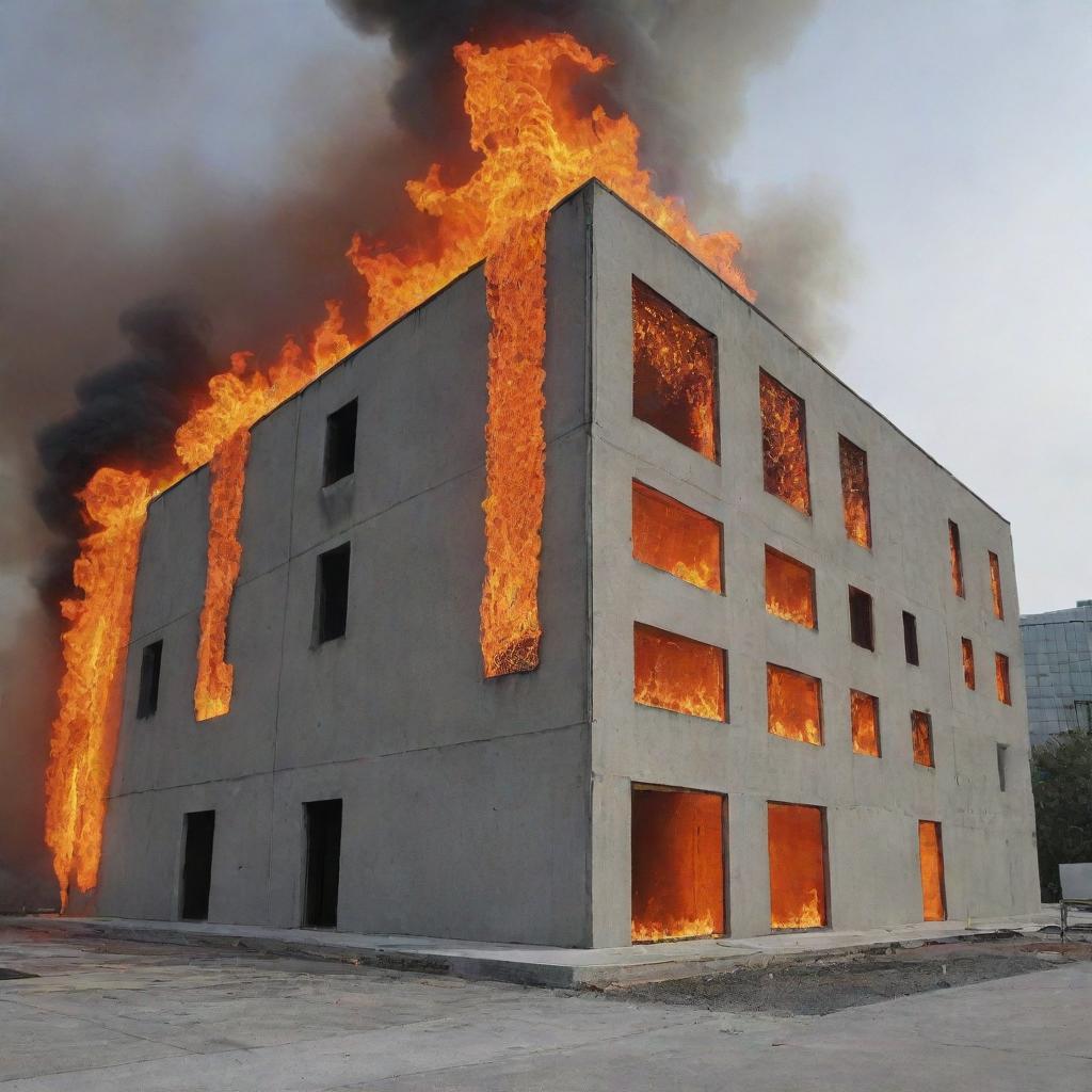 A graphical representation showcasing a network of thermal sensors affixed to a concrete building that's engulfed in flames, indicating the varying temperatures across different parts of the structure.