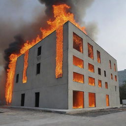 A graphical representation showcasing a network of thermal sensors affixed to a concrete building that's engulfed in flames, indicating the varying temperatures across different parts of the structure.