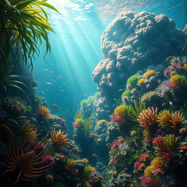 An immersive scene depicting a Paleozoic ocean jungle, showcasing a lush underwater landscape filled with diverse marine plants such as large seaweeds and vibrant corals