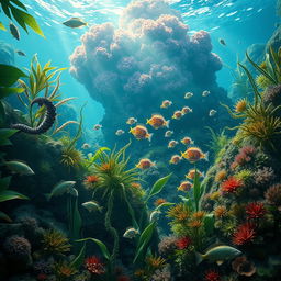 An immersive scene depicting a Paleozoic ocean jungle, showcasing a lush underwater landscape filled with diverse marine plants such as large seaweeds and vibrant corals