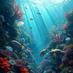 An enchanting underwater scene of a wild ocean jungle, showcasing a mystical and vibrant ecosystem