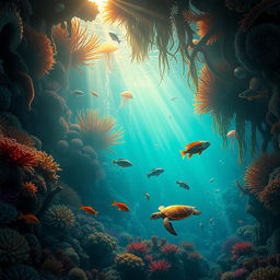 An enchanting underwater scene of a wild ocean jungle, showcasing a mystical and vibrant ecosystem