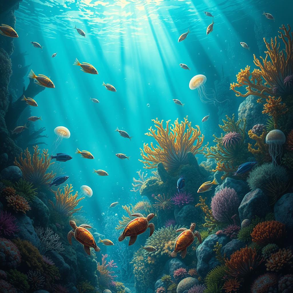 An enchanting underwater scene of a wild ocean jungle, showcasing a mystical and vibrant ecosystem