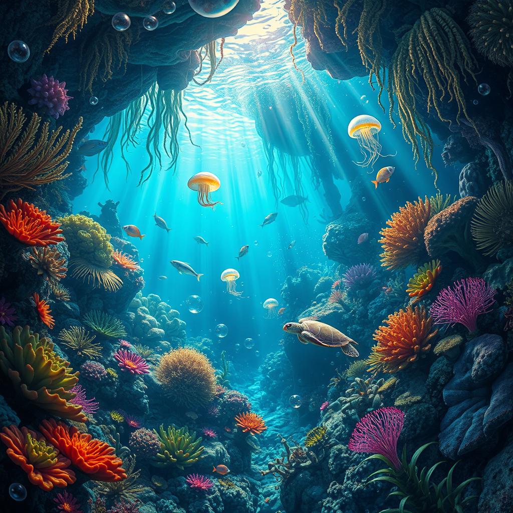 An enchanting underwater scene of a wild ocean jungle, showcasing a mystical and vibrant ecosystem