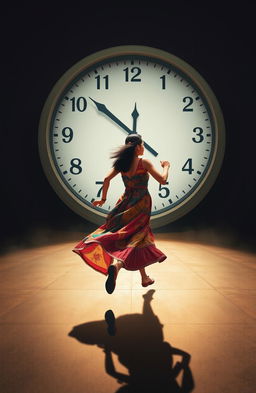 A dynamic scene depicting a woman in motion, wearing a traditional Filipino dress called 'Baro't Saya', characterized by its colorful fabric and flowing silhouette